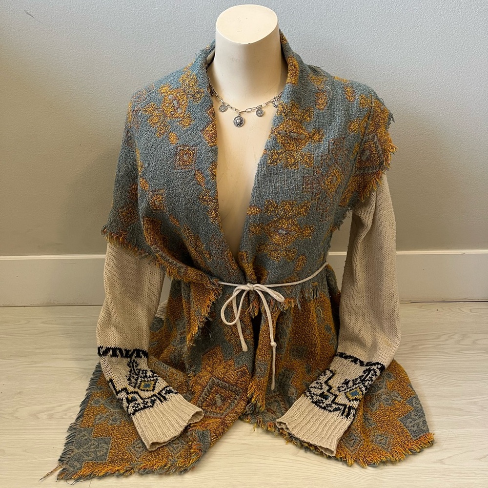 Desigual Jers Aldara Cape Cardigan Sweater with bohemian geometric print